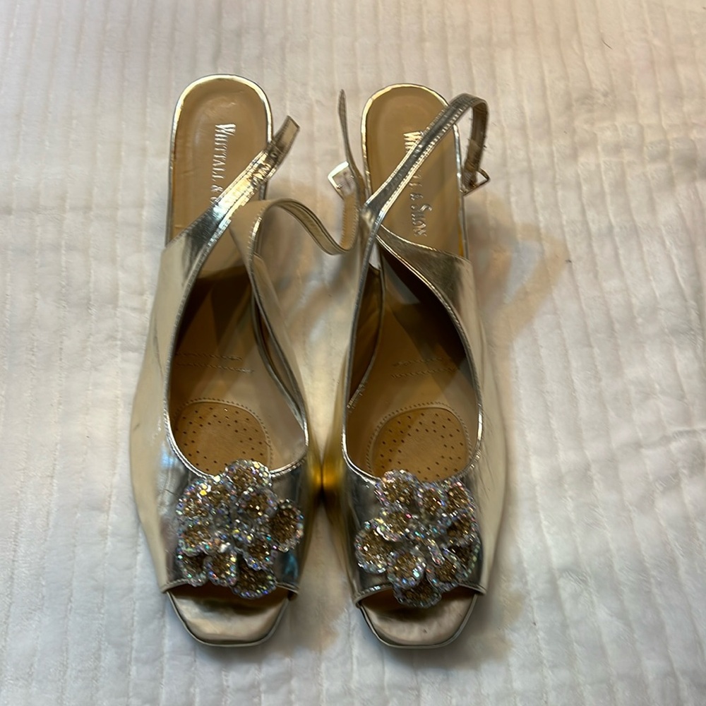 Whitehall & Sohn open back gold heels with rhinestone design